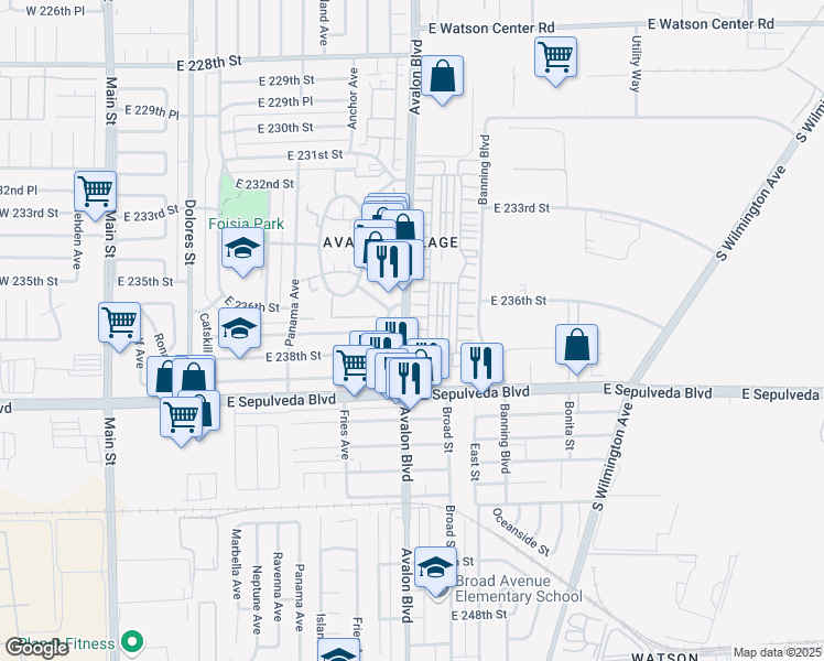 map of restaurants, bars, coffee shops, grocery stores, and more near 11 Eastridge Lane in Carson