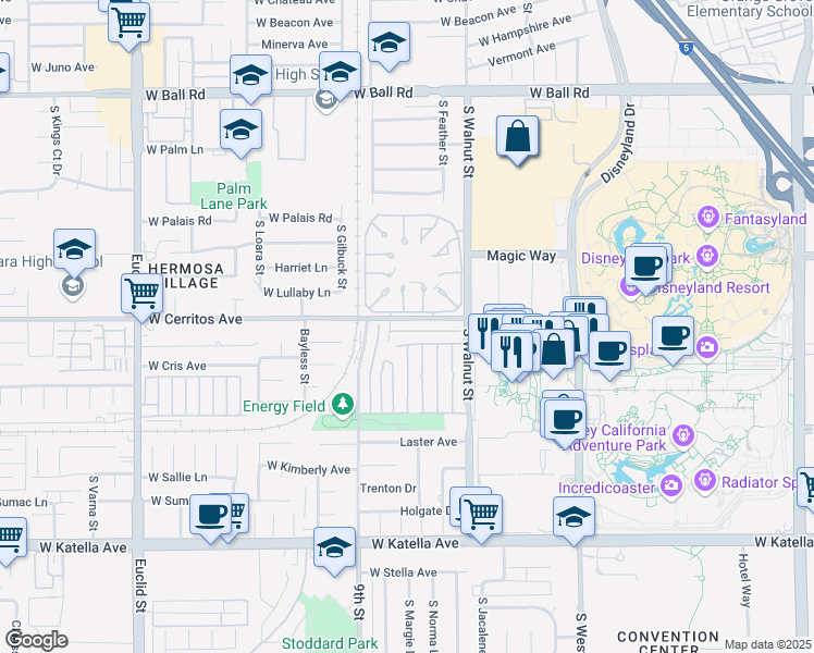 map of restaurants, bars, coffee shops, grocery stores, and more near 1324 West Cerritos Avenue in Anaheim
