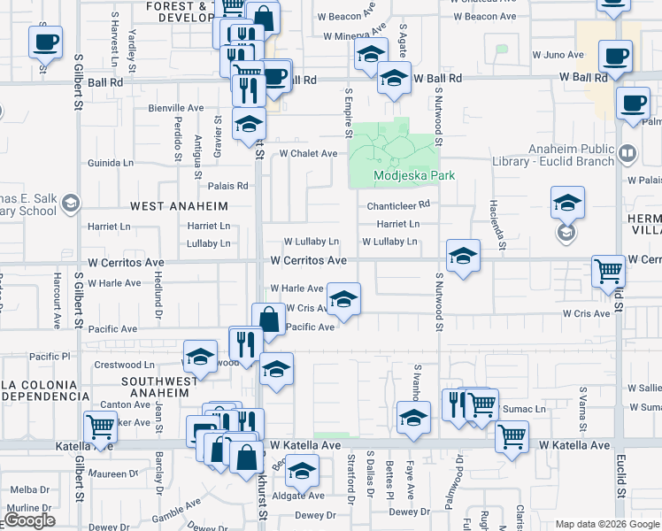 map of restaurants, bars, coffee shops, grocery stores, and more near 2106 West Cerritos Avenue in Anaheim