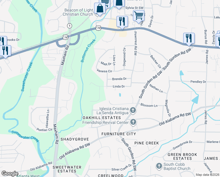 map of restaurants, bars, coffee shops, grocery stores, and more near 1985 Linda Drive in Austell
