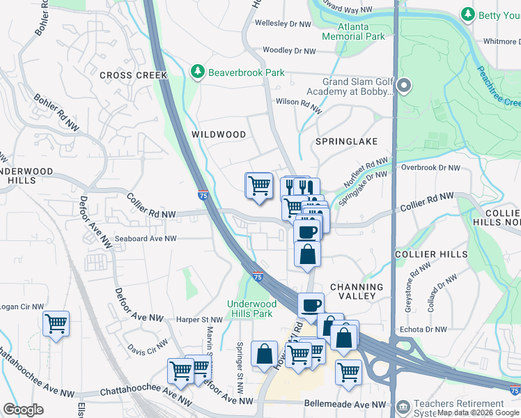 map of restaurants, bars, coffee shops, grocery stores, and more near 857 Collier Road Northwest in Atlanta
