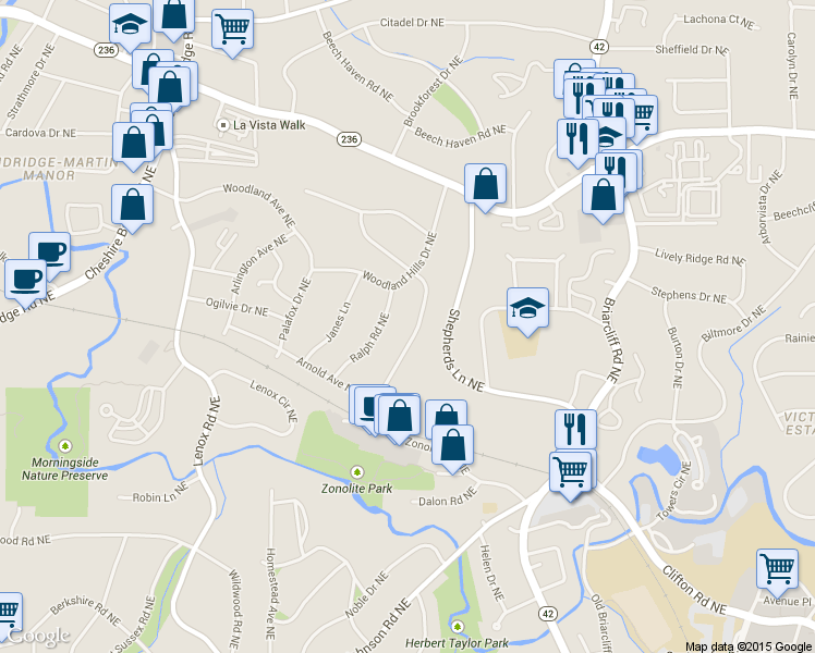 map of restaurants, bars, coffee shops, grocery stores, and more near 1090 Vista Trail Northeast in Atlanta