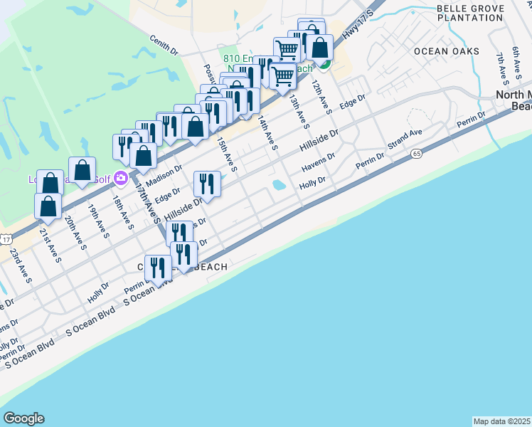 map of restaurants, bars, coffee shops, grocery stores, and more near 300 15th Avenue South in North Myrtle Beach