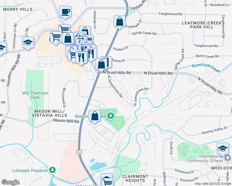 map of restaurants, bars, coffee shops, grocery stores, and more near 1110 Central Park Road in Decatur
