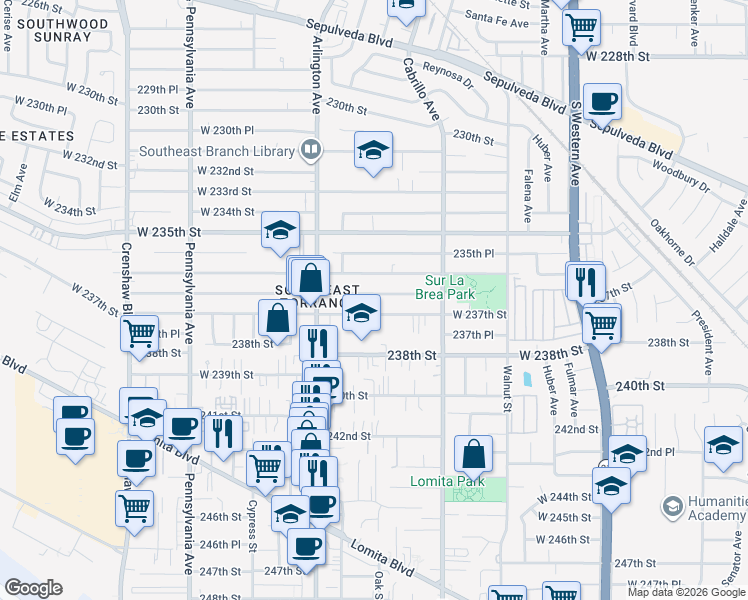 map of restaurants, bars, coffee shops, grocery stores, and more near 2108 West 236th Street in Torrance