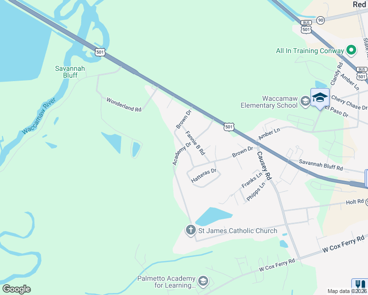 map of restaurants, bars, coffee shops, grocery stores, and more near 1041 Academy Drive in Conway