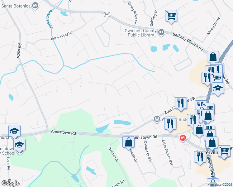 map of restaurants, bars, coffee shops, grocery stores, and more near 3155 Malvern Drive in Snellville