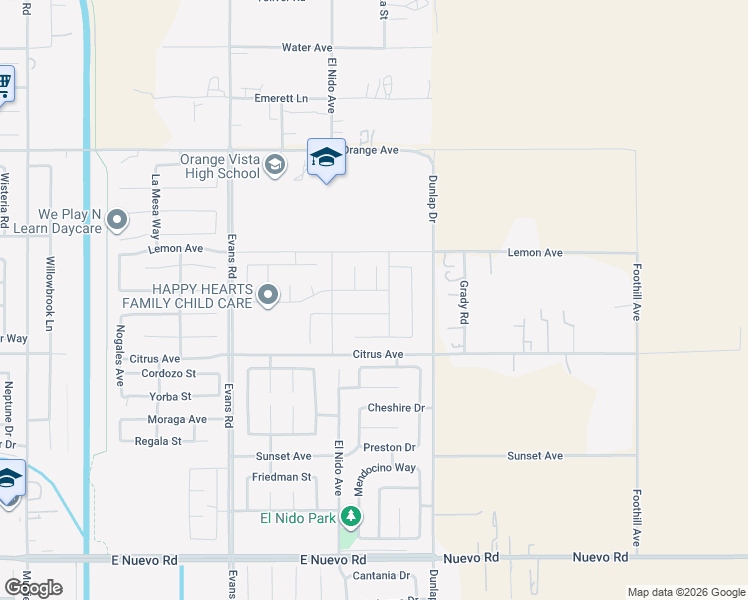 map of restaurants, bars, coffee shops, grocery stores, and more near 1415 Allegra Drive in Perris