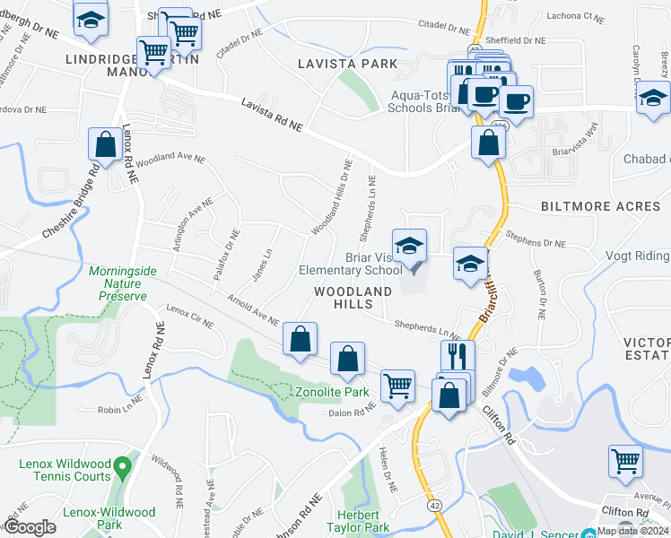 map of restaurants, bars, coffee shops, grocery stores, and more near 1099 Vista Trail Northeast in Atlanta