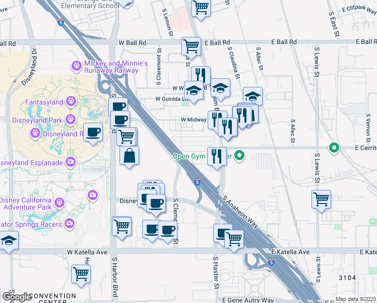 map of restaurants, bars, coffee shops, grocery stores, and more near 1722 West Bushell Street in Anaheim