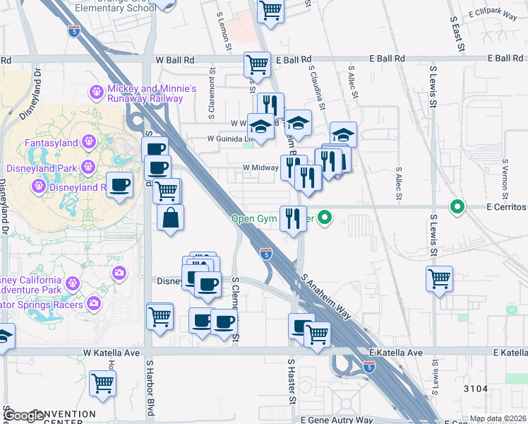 map of restaurants, bars, coffee shops, grocery stores, and more near Santa Ana Fwy in Anaheim