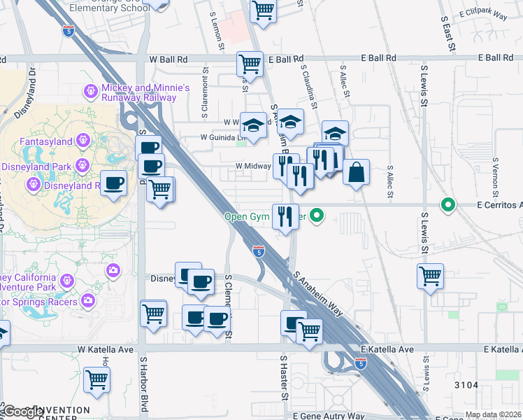 map of restaurants, bars, coffee shops, grocery stores, and more near 1810 West Bushell Street in Anaheim