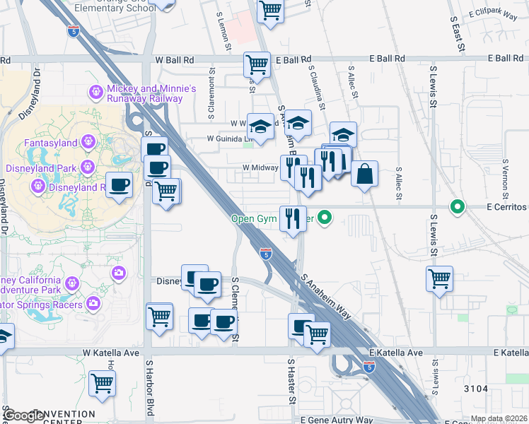 map of restaurants, bars, coffee shops, grocery stores, and more near 1615 West Bushell Street in Anaheim