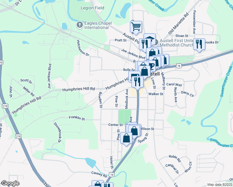 map of restaurants, bars, coffee shops, grocery stores, and more near 2955 Jefferson Street in Austell