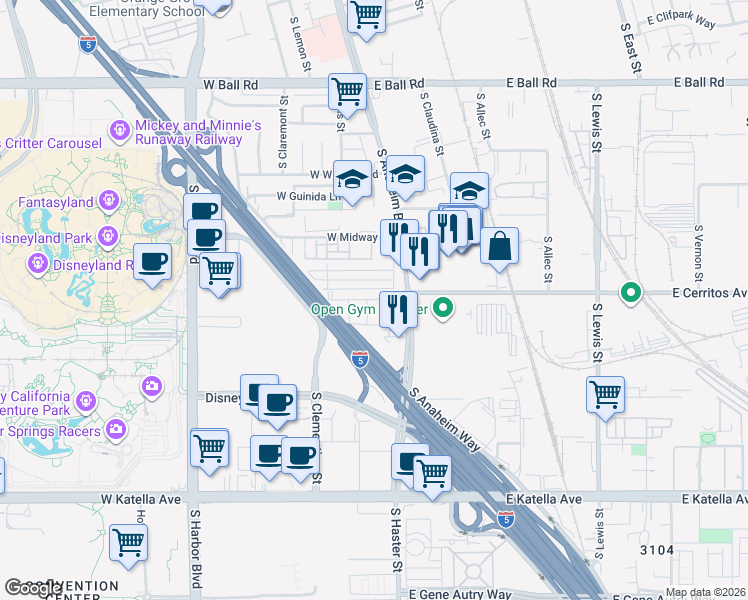 map of restaurants, bars, coffee shops, grocery stores, and more near 1403 West Bushell Street in Anaheim
