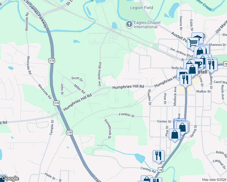 map of restaurants, bars, coffee shops, grocery stores, and more near 5930 Peco Lane in Austell