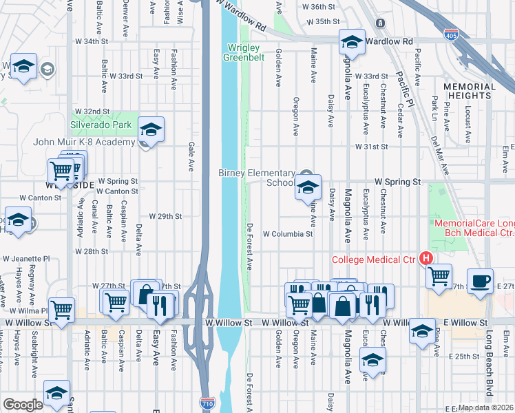 map of restaurants, bars, coffee shops, grocery stores, and more near 2925 San Francisco Avenue in Long Beach