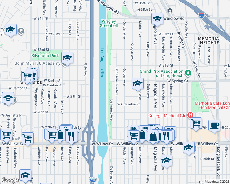 map of restaurants, bars, coffee shops, grocery stores, and more near 2910 De Forest Avenue in Long Beach