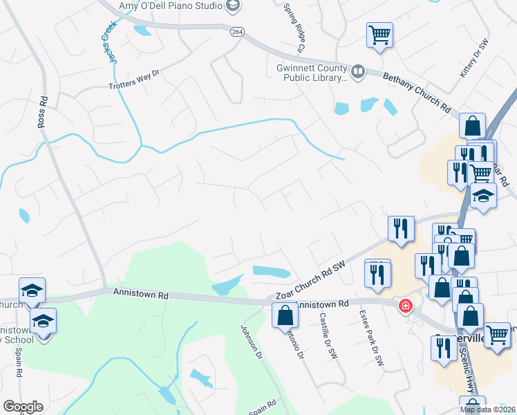 map of restaurants, bars, coffee shops, grocery stores, and more near 3155 Malvern Drive in Snellville