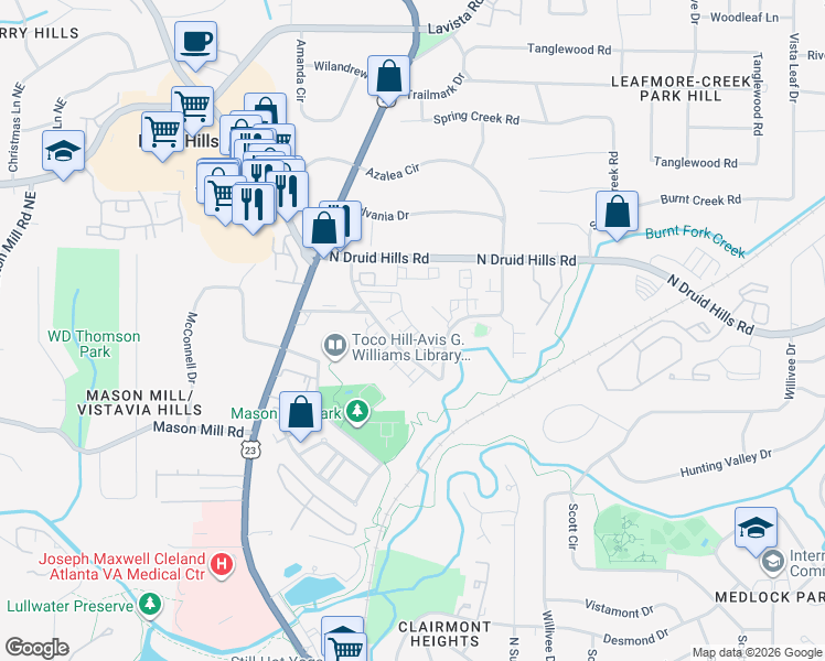 map of restaurants, bars, coffee shops, grocery stores, and more near 1176 City Park Lane in Decatur