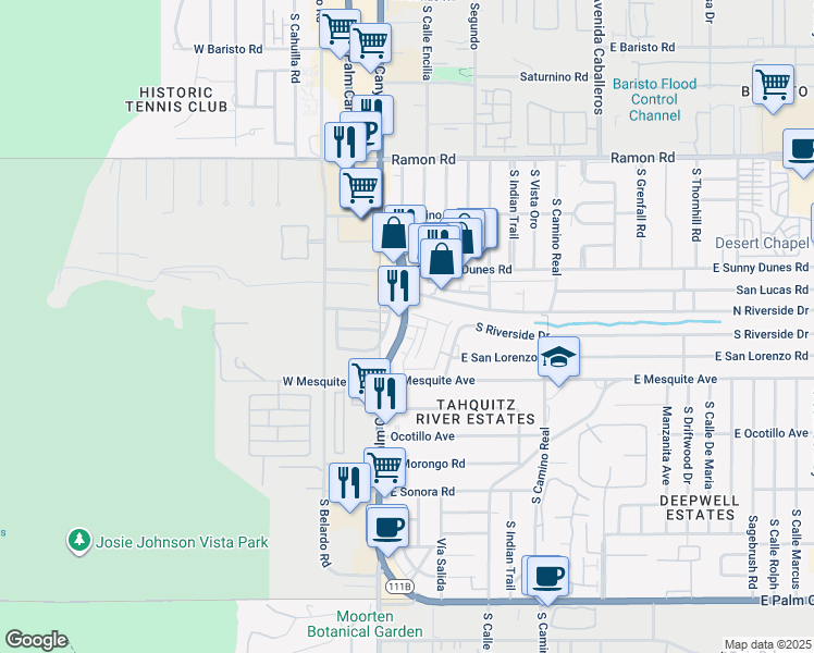 map of restaurants, bars, coffee shops, grocery stores, and more near 122 Cameron Center Drive in Palm Springs