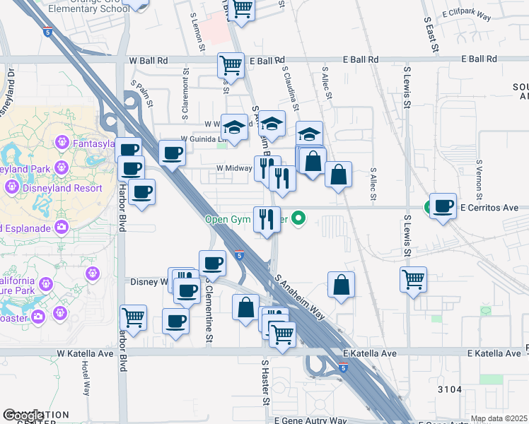 map of restaurants, bars, coffee shops, grocery stores, and more near 1102 South Urbana Street in Anaheim
