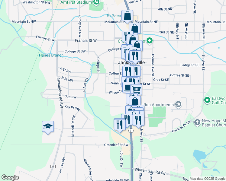map of restaurants, bars, coffee shops, grocery stores, and more near 305 Wilson Drive Southwest in Jacksonville