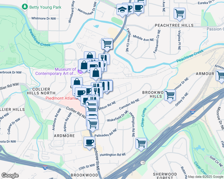 map of restaurants, bars, coffee shops, grocery stores, and more near Brookwood Valley Circle Northeast in Atlanta