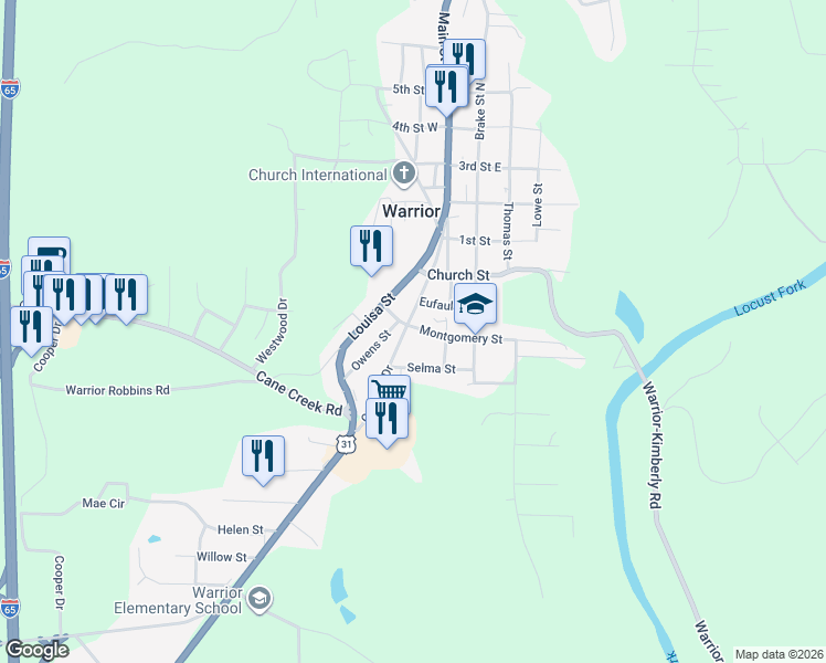 map of restaurants, bars, coffee shops, grocery stores, and more near 306 Caldwell Drive in Warrior
