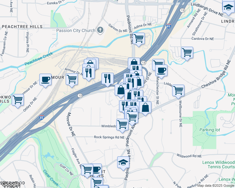 map of restaurants, bars, coffee shops, grocery stores, and more near 2185 Monroe Dr NE in Atlanta