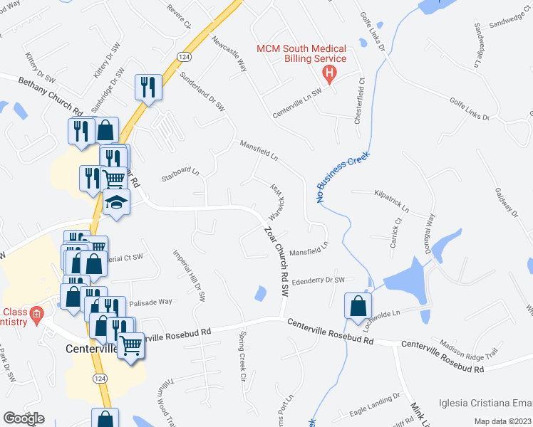 map of restaurants, bars, coffee shops, grocery stores, and more near 3513 Warwick Way in Snellville