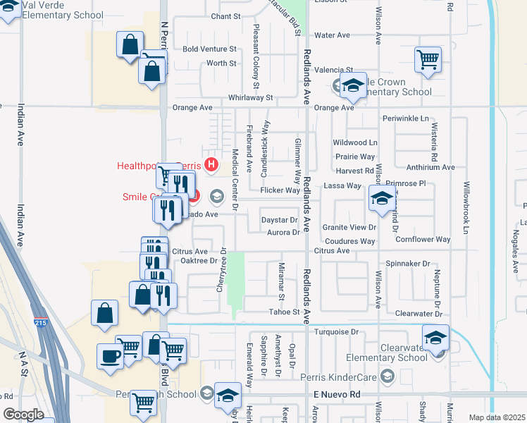 map of restaurants, bars, coffee shops, grocery stores, and more near 283 Morning Sky Drive in Perris