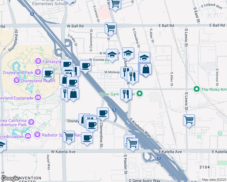 map of restaurants, bars, coffee shops, grocery stores, and more near 1822 West Bushell Street in Anaheim
