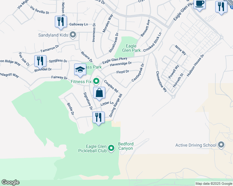 map of restaurants, bars, coffee shops, grocery stores, and more near 4325 Butler National Road in Corona