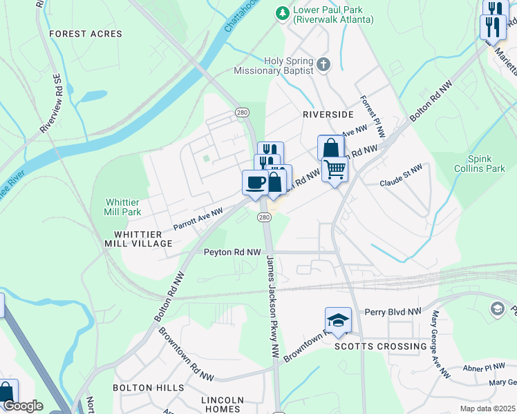 map of restaurants, bars, coffee shops, grocery stores, and more near 2000 James Jackson Parkway Northwest in Atlanta