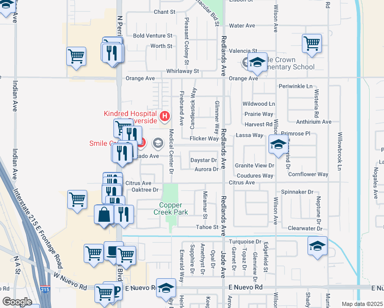 map of restaurants, bars, coffee shops, grocery stores, and more near 283 Morning Sky Drive in Perris