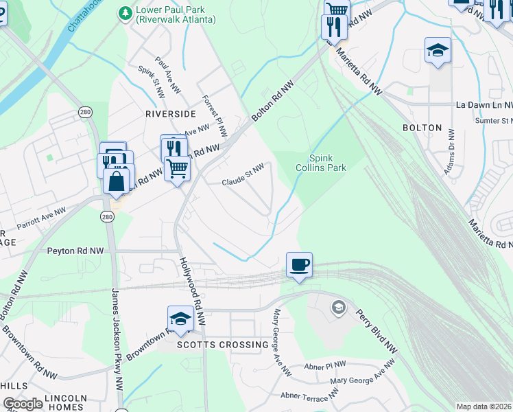map of restaurants, bars, coffee shops, grocery stores, and more near 2392 Lowe Street Northwest in Atlanta