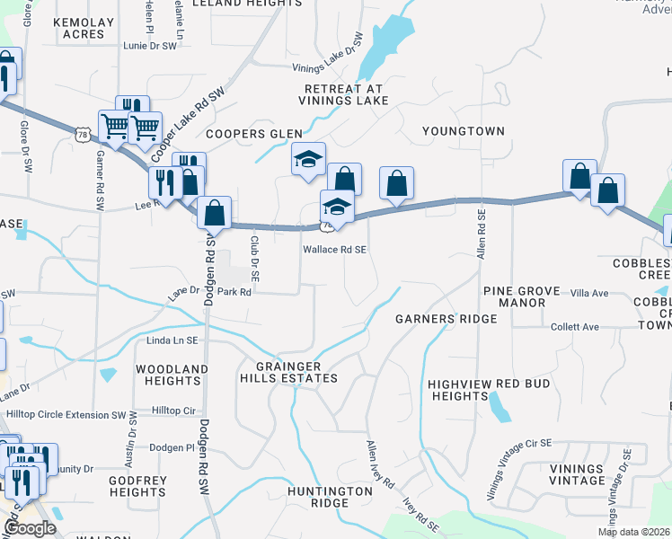 map of restaurants, bars, coffee shops, grocery stores, and more near 5901 Ridge Drive Southeast in Mableton
