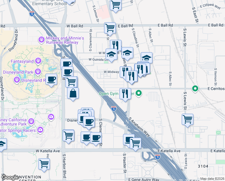 map of restaurants, bars, coffee shops, grocery stores, and more near Santa Ana Fwy in Anaheim