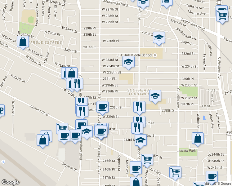 map of restaurants, bars, coffee shops, grocery stores, and more near 2311 West 237th Street in Torrance