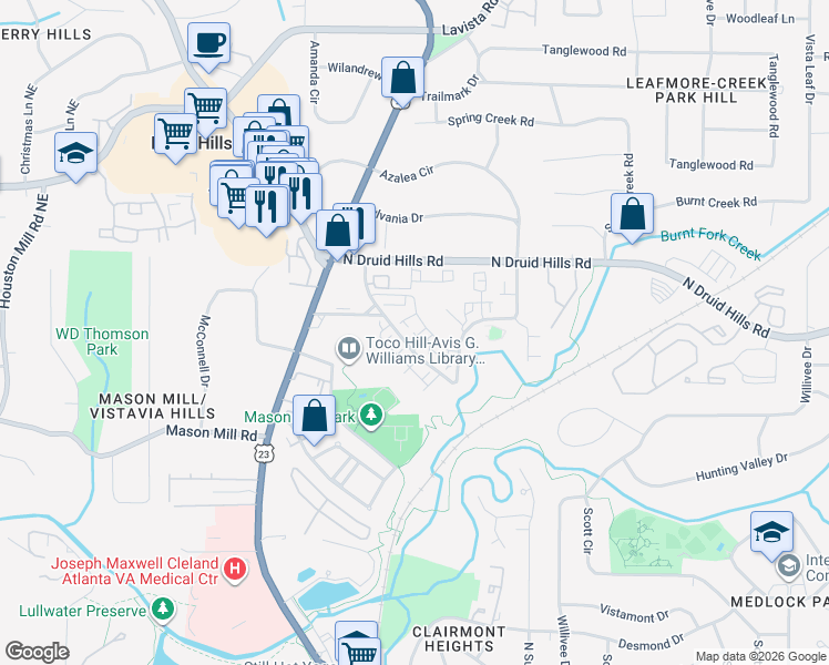 map of restaurants, bars, coffee shops, grocery stores, and more near 1176 City Park Lane in Decatur
