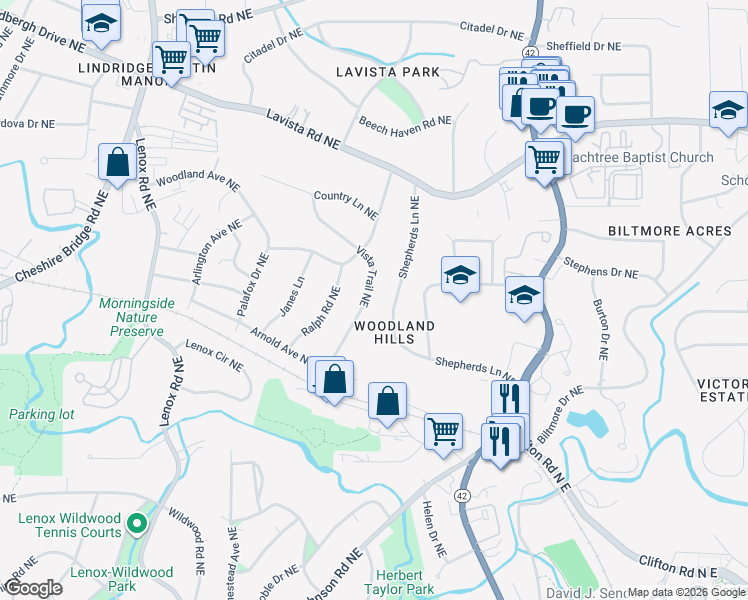 map of restaurants, bars, coffee shops, grocery stores, and more near 1089 Vista Trail Northeast in Atlanta