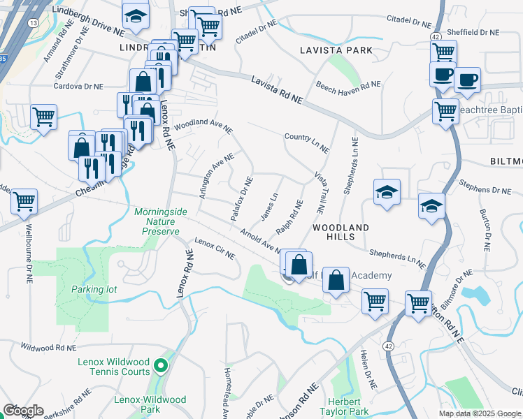 map of restaurants, bars, coffee shops, grocery stores, and more near 1080 Janes Lane in Atlanta
