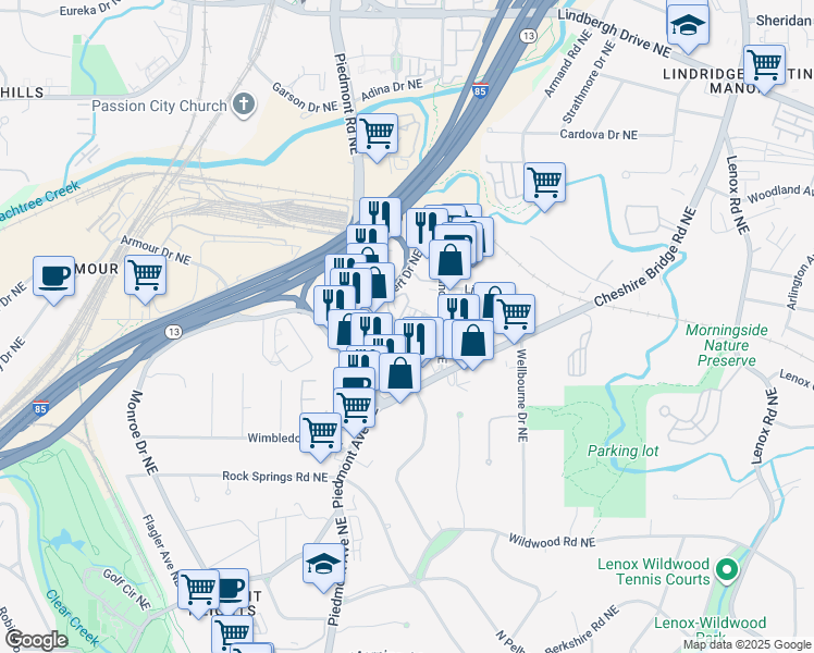 map of restaurants, bars, coffee shops, grocery stores, and more near 2021 Rockledge Road Northeast in Atlanta