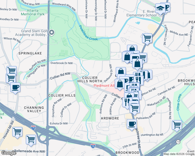 map of restaurants, bars, coffee shops, grocery stores, and more near 337 Redland Road Northwest in Atlanta