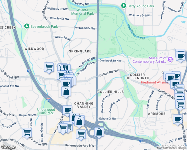 map of restaurants, bars, coffee shops, grocery stores, and more near 615 Collier Road Northwest in Atlanta