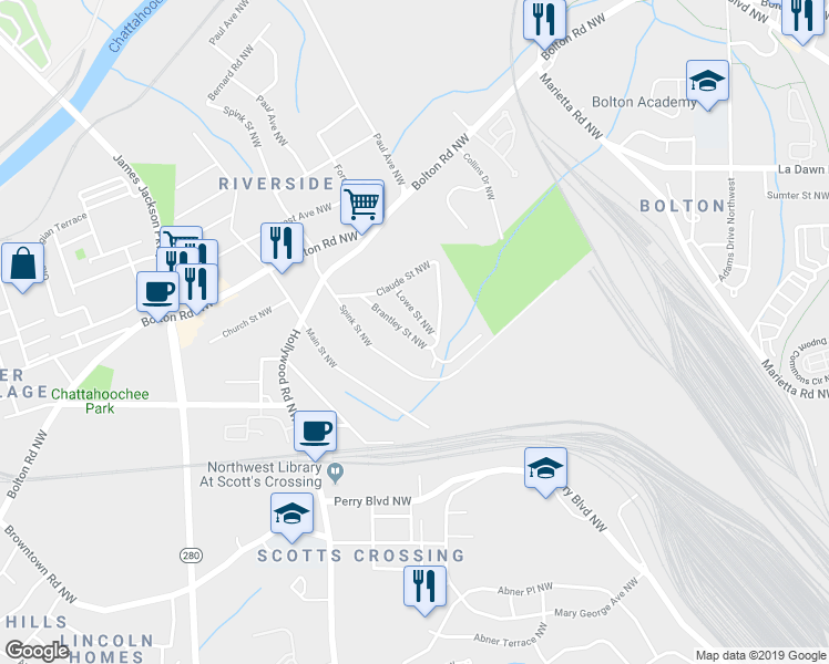 map of restaurants, bars, coffee shops, grocery stores, and more near 2392 Lowe Street Northwest in Atlanta