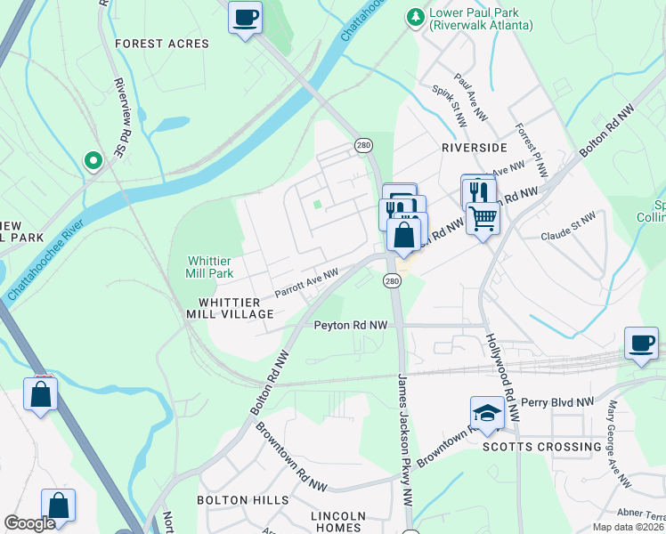 map of restaurants, bars, coffee shops, grocery stores, and more near 1960 Bolton Road Northwest in Atlanta