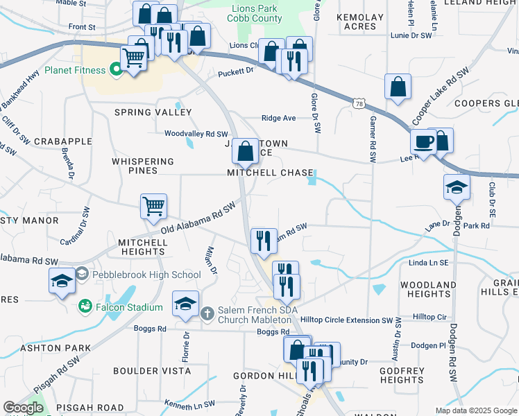 map of restaurants, bars, coffee shops, grocery stores, and more near 5889 Old Gordon Road in Mableton