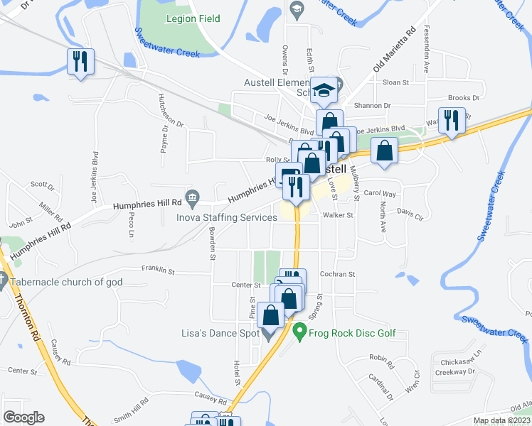 map of restaurants, bars, coffee shops, grocery stores, and more near 2858 Rosehill Street in Austell